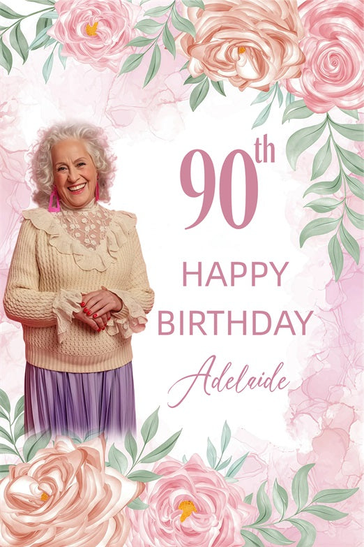 Custom Birthday Backdrop Pink Floral 90th Backdrop GQ4-17