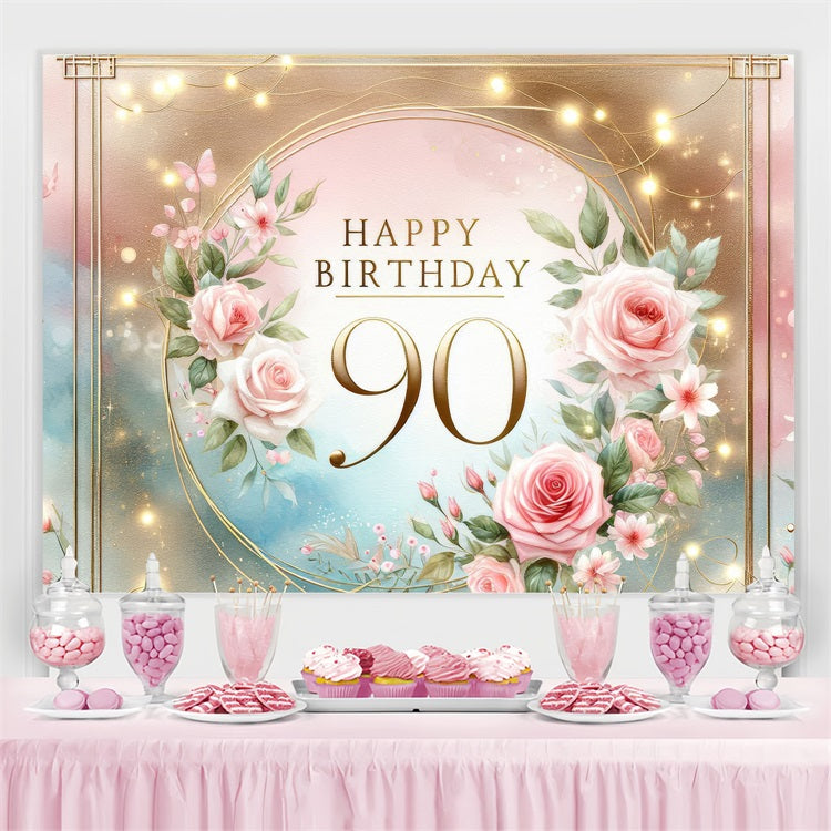 Happy Birthday Backdrop Romantic 90th Floral Glow Customized Backdrop GQ4-3