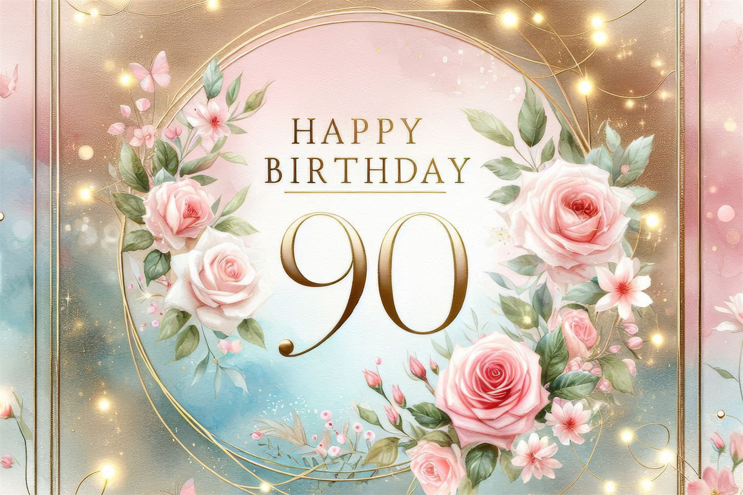Happy Birthday Backdrop Romantic 90th Floral Glow Customized Backdrop GQ4-3