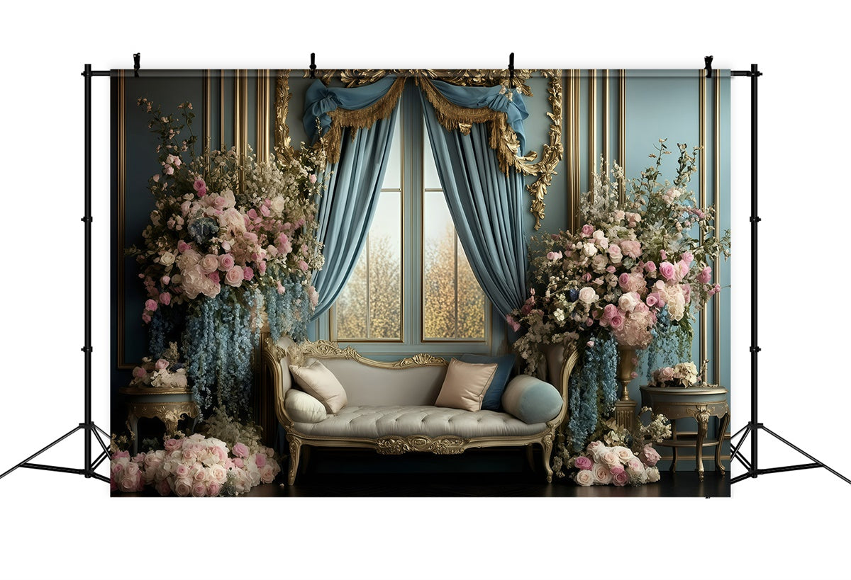 Retro Backdrop Royal Blue Curtain Floral Vintage Photo Backdrops GQ4-317