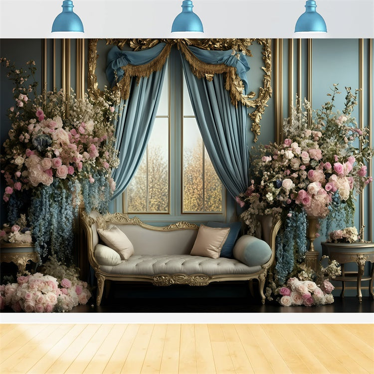 Retro Backdrop Royal Blue Curtain Floral Vintage Photo Backdrops GQ4-317