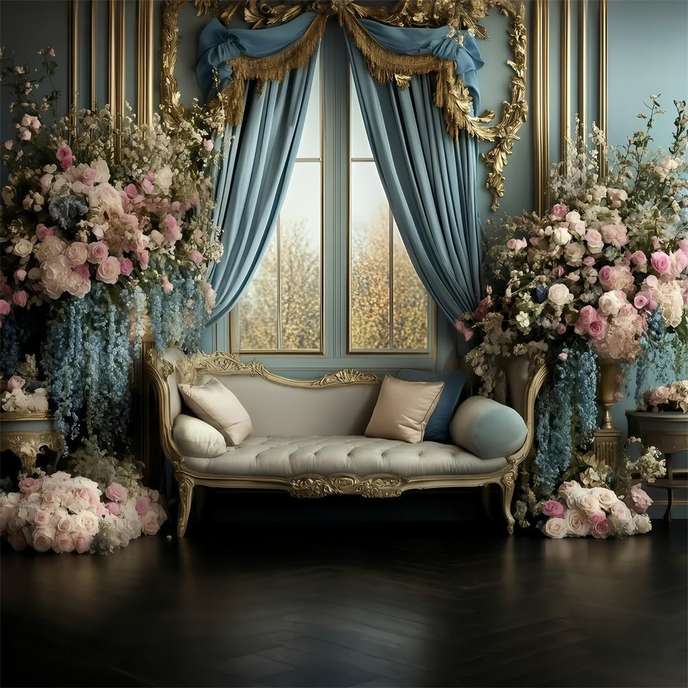 Retro Backdrop Royal Blue Curtain Floral Vintage Photo Backdrops GQ4-317