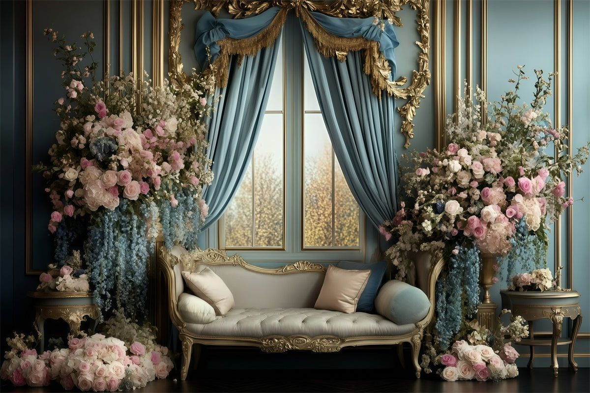 Retro Backdrop Royal Blue Curtain Floral Vintage Photo Backdrops GQ4-317