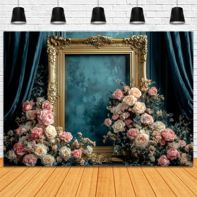 Retro Photo Backdrop Antique Gold Frame Floral Vintage Backdrop GQ4-326