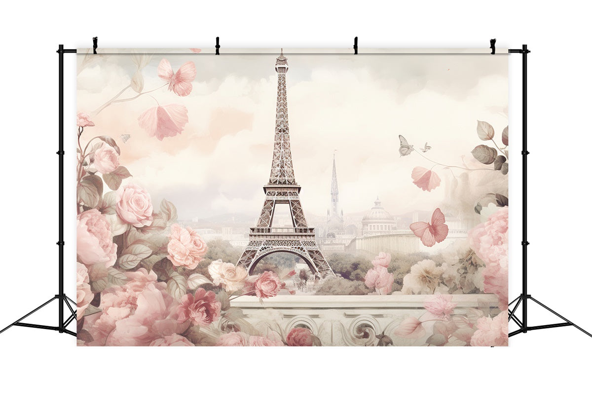 Paris Eiffel Tower Backdrop Pastel Flowers Romance Backdrop GQ4-37