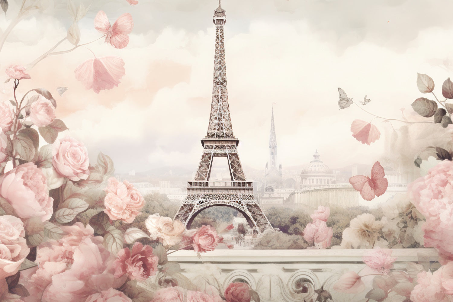Paris Eiffel Tower Backdrop Pastel Flowers Romance Backdrop GQ4-37