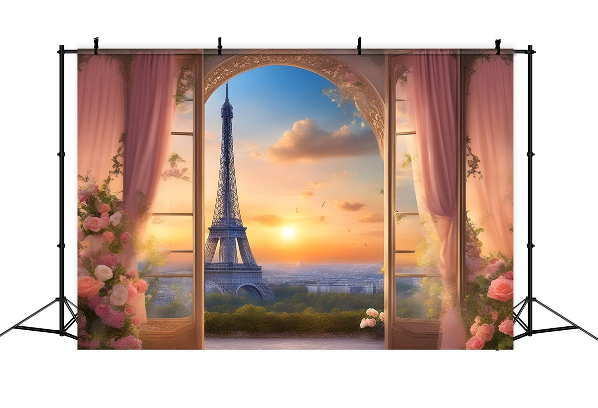 Eiffel Tower Paris Backdrop Sunset View Floral Curtains Backdrop GQ4-38