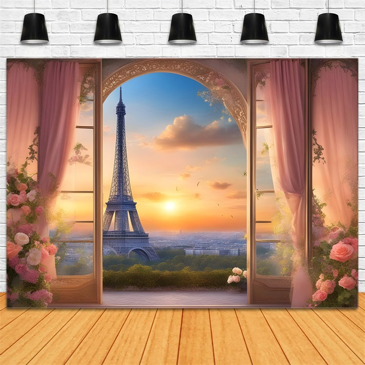 Eiffel Tower Paris Backdrop Sunset View Floral Curtains Backdrop GQ4-38