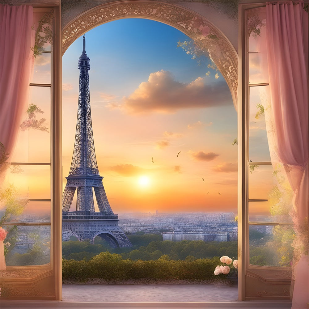 Eiffel Tower Paris Backdrop Sunset View Floral Curtains Backdrop GQ4-38