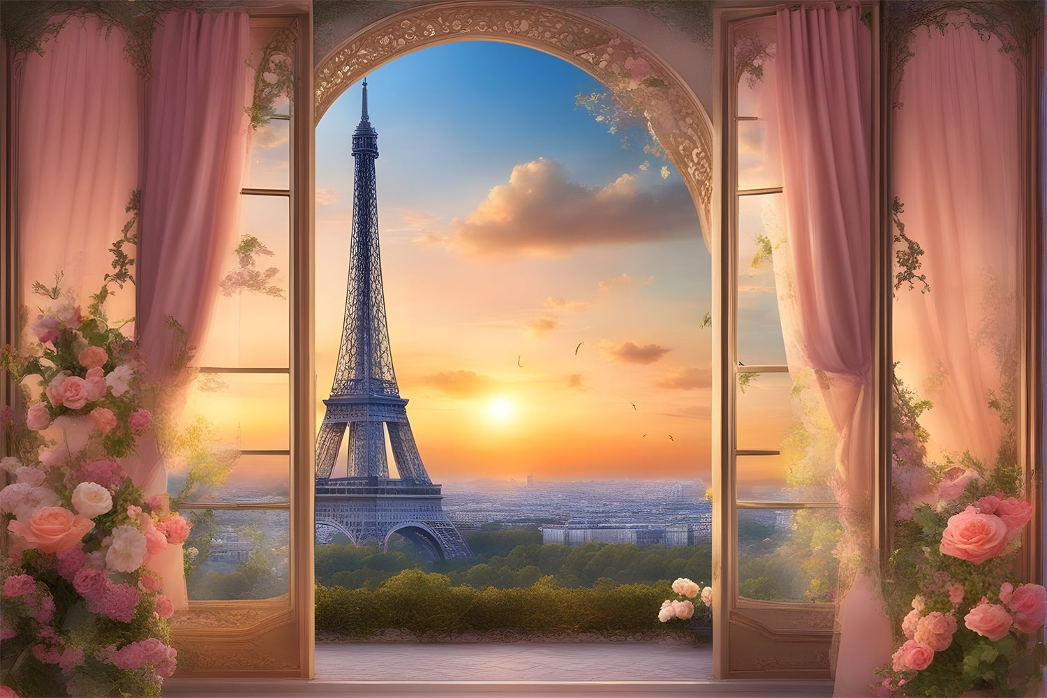 Eiffel Tower Paris Backdrop Sunset View Floral Curtains Backdrop GQ4-38