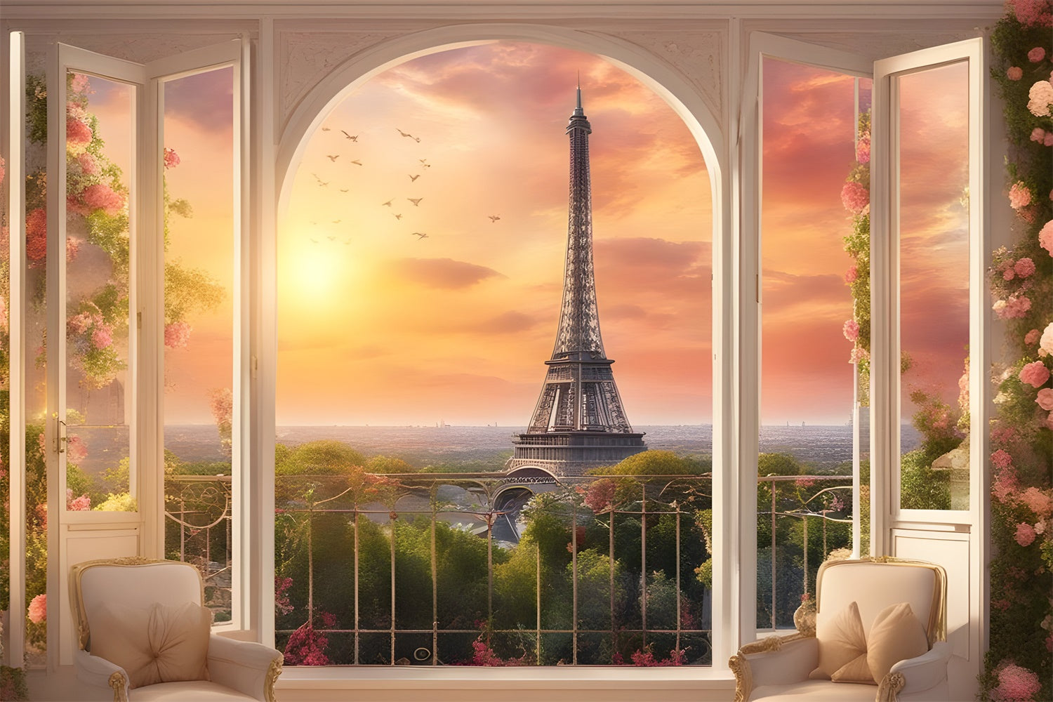 Paris Skyline Backdrop Cozy Chair Sunset Balcony Backdrop GQ4-39