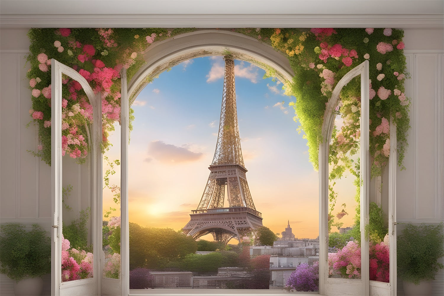 Paris Photography Backdrop Eiffel Tower Window View Backdrop GQ4-40