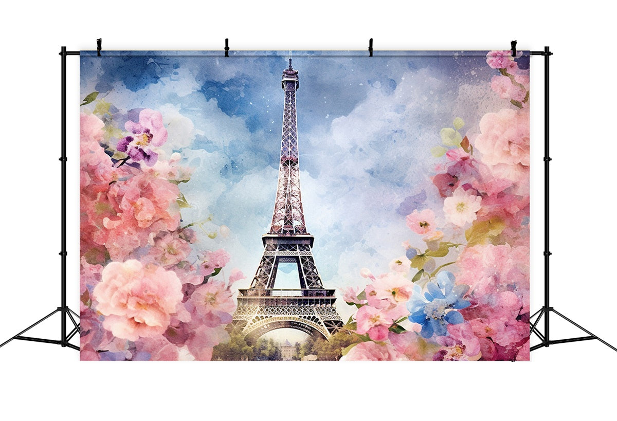 Paris Photo Backdrop Watercolor Eiffel Tower Floral Backdrop GQ4-42
