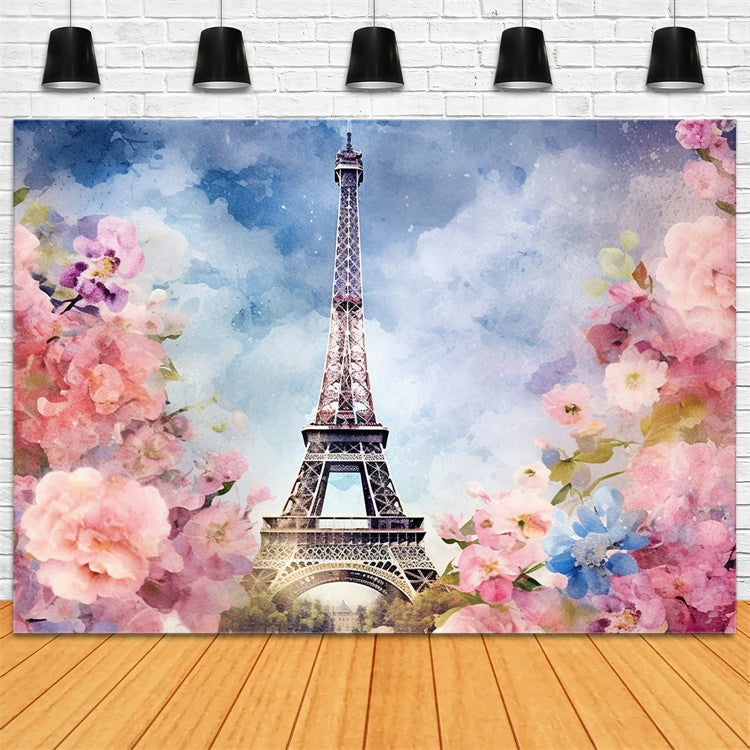 Paris Photo Backdrop Watercolor Eiffel Tower Floral Backdrop GQ4-42