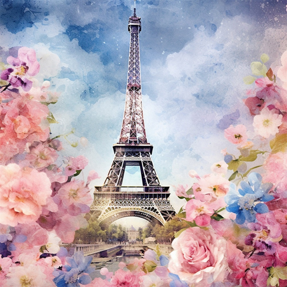 Paris Photo Backdrop Watercolor Eiffel Tower Floral Backdrop GQ4-42