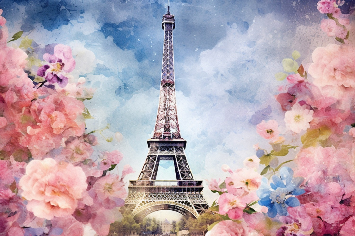 Paris Photo Backdrop Watercolor Eiffel Tower Floral Backdrop GQ4-42