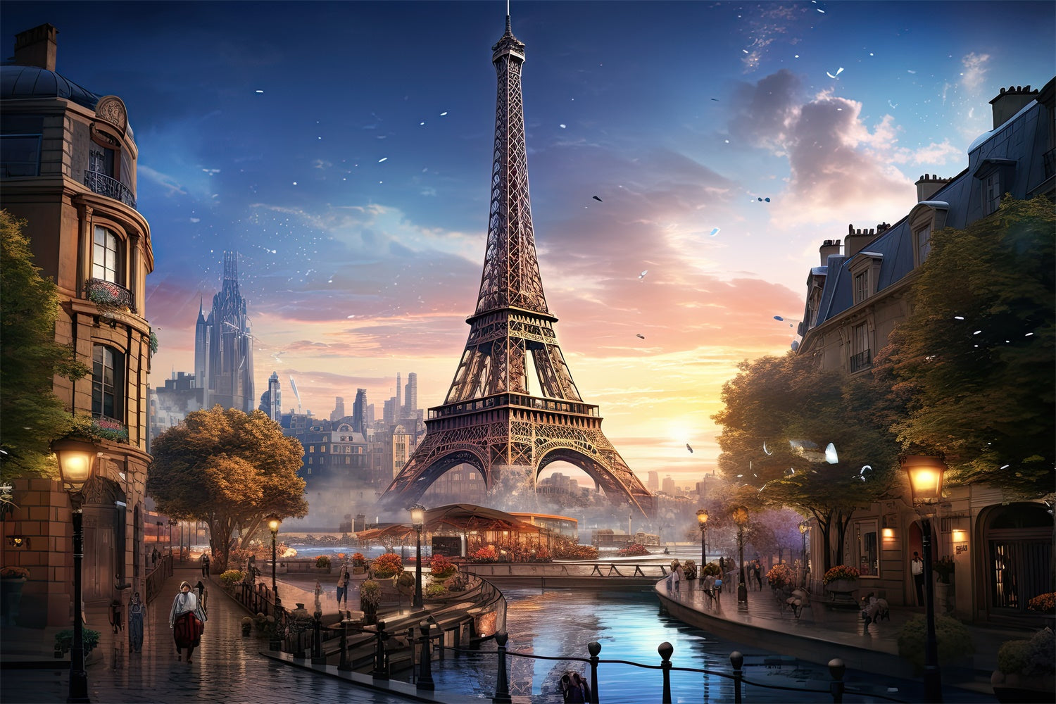 Paris Backdrop Photography Eiffel Tower Canal Scene Backdrop GQ4-44