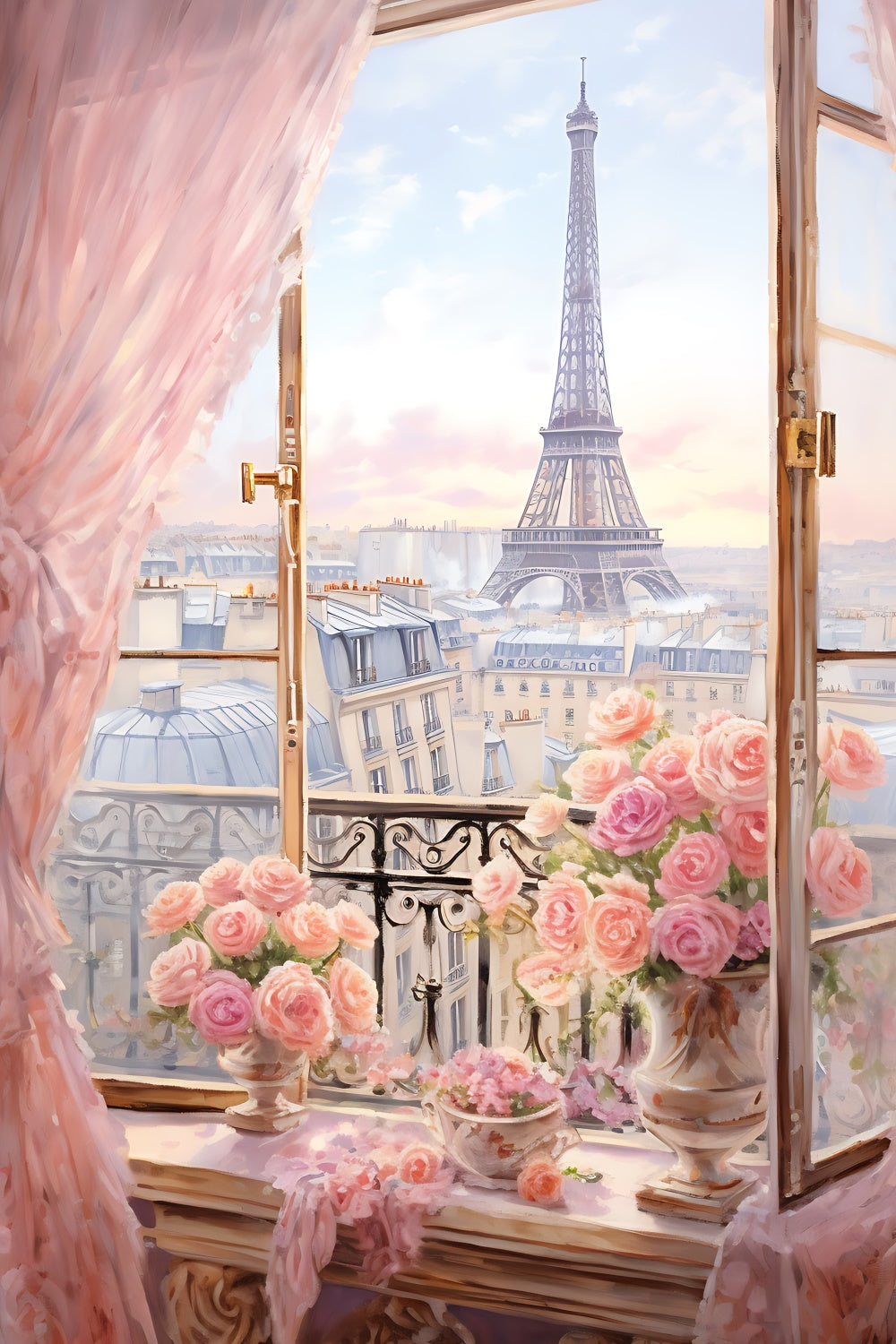 Eiffel Tower Paris Backdrop Dreamy Paris View Roses Backdrop GQ4-48