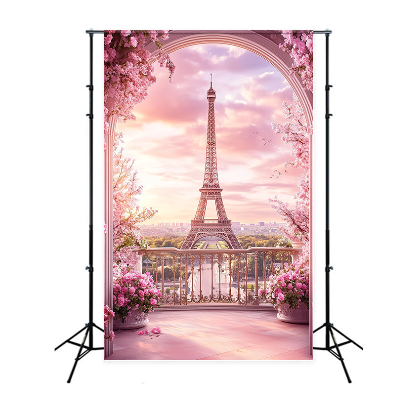 Paris Eiffel Tower Backdrop Pink Balcony Arch Floral Backdrop GQ4-52