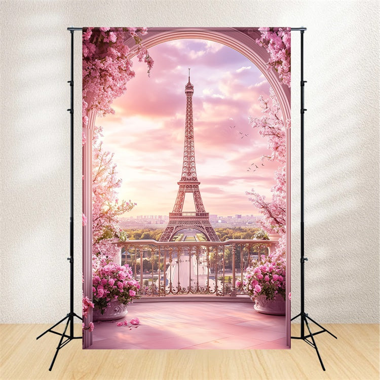 Paris Eiffel Tower Backdrop Pink Balcony Arch Floral Backdrop GQ4-52