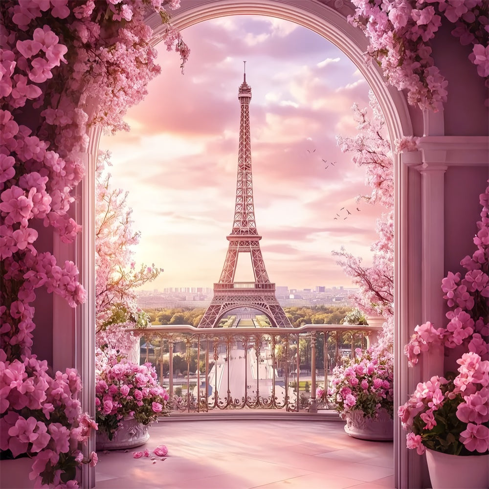 Paris Eiffel Tower Backdrop Pink Balcony Arch Floral Backdrop GQ4-52