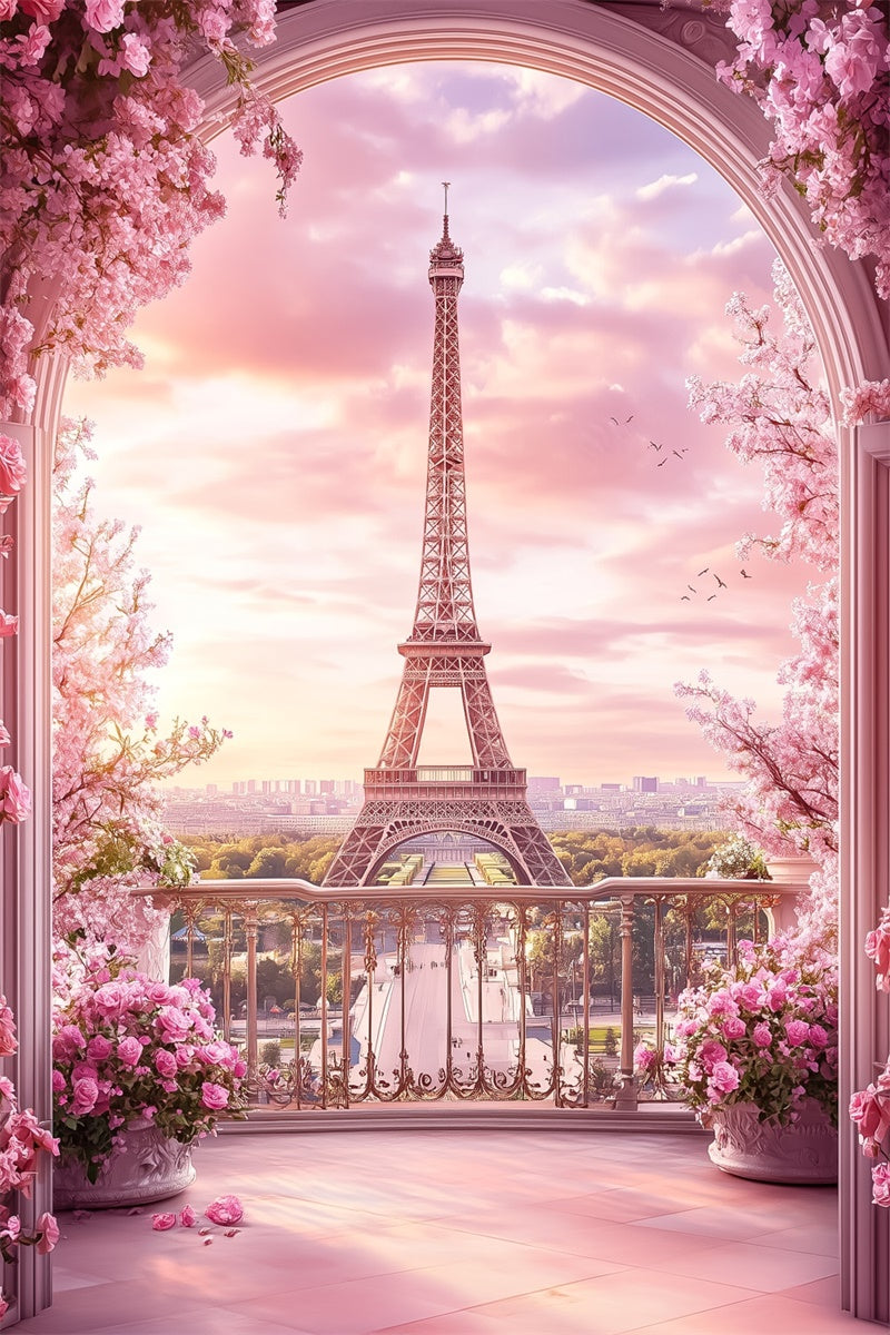 Paris Eiffel Tower Backdrop Pink Balcony Arch Floral Backdrop GQ4-52