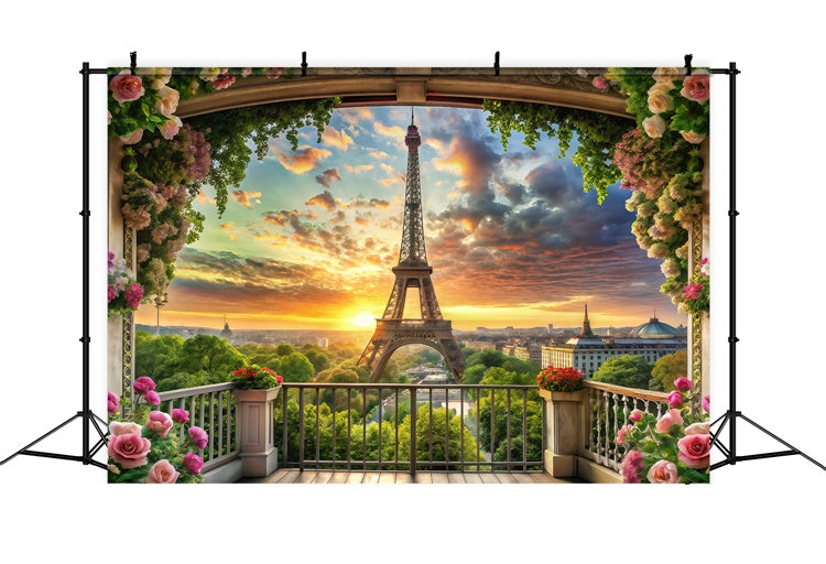 Eiffel Tower Paris Backdrop Floral Balcony Sunset View Backdrop GQ4-60