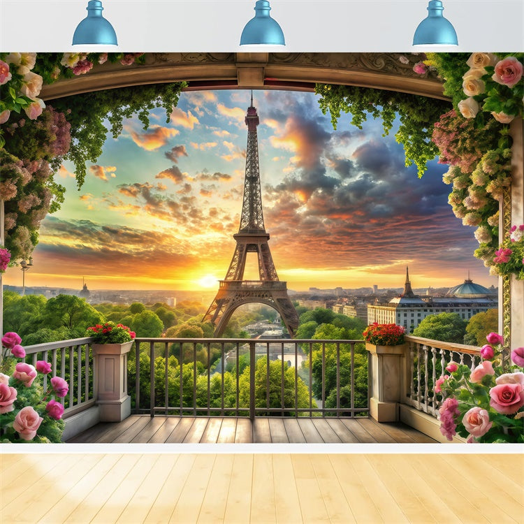 Eiffel Tower Paris Backdrop Floral Balcony Sunset View Backdrop GQ4-60