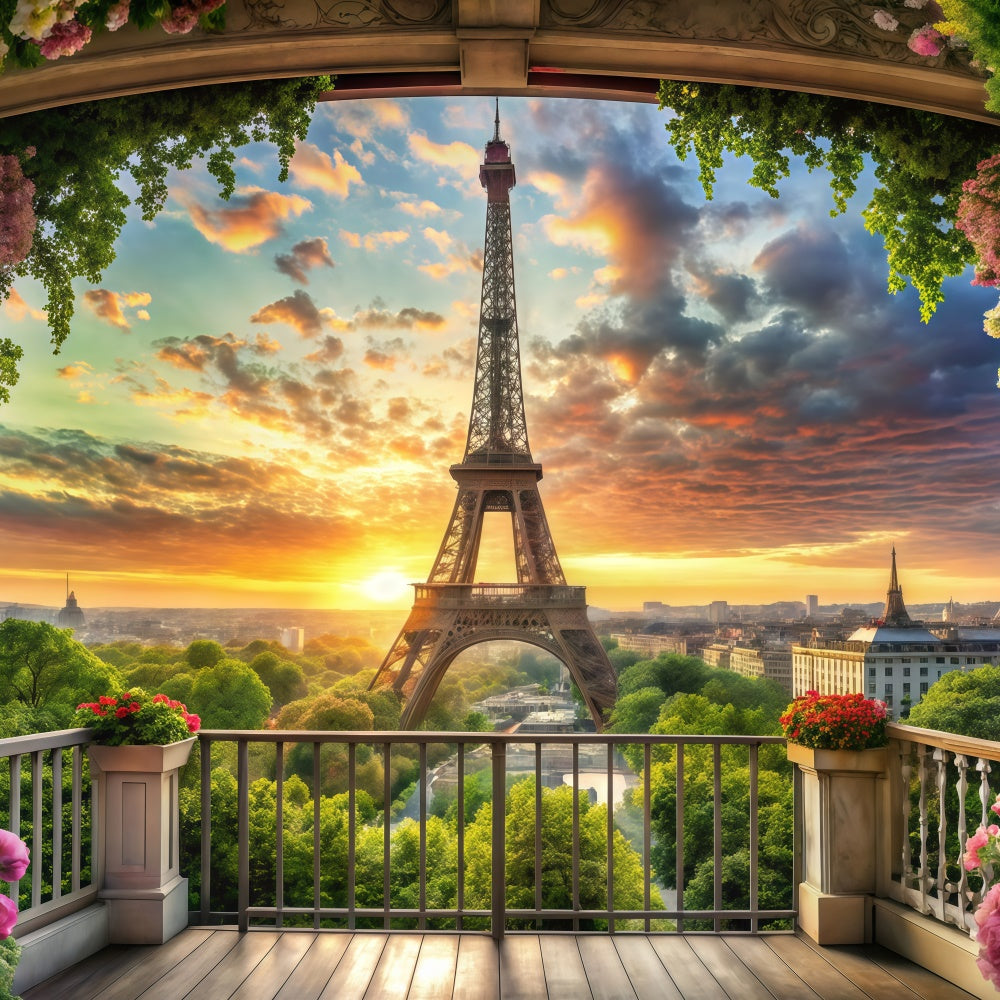 Eiffel Tower Paris Backdrop Floral Balcony Sunset View Backdrop GQ4-60