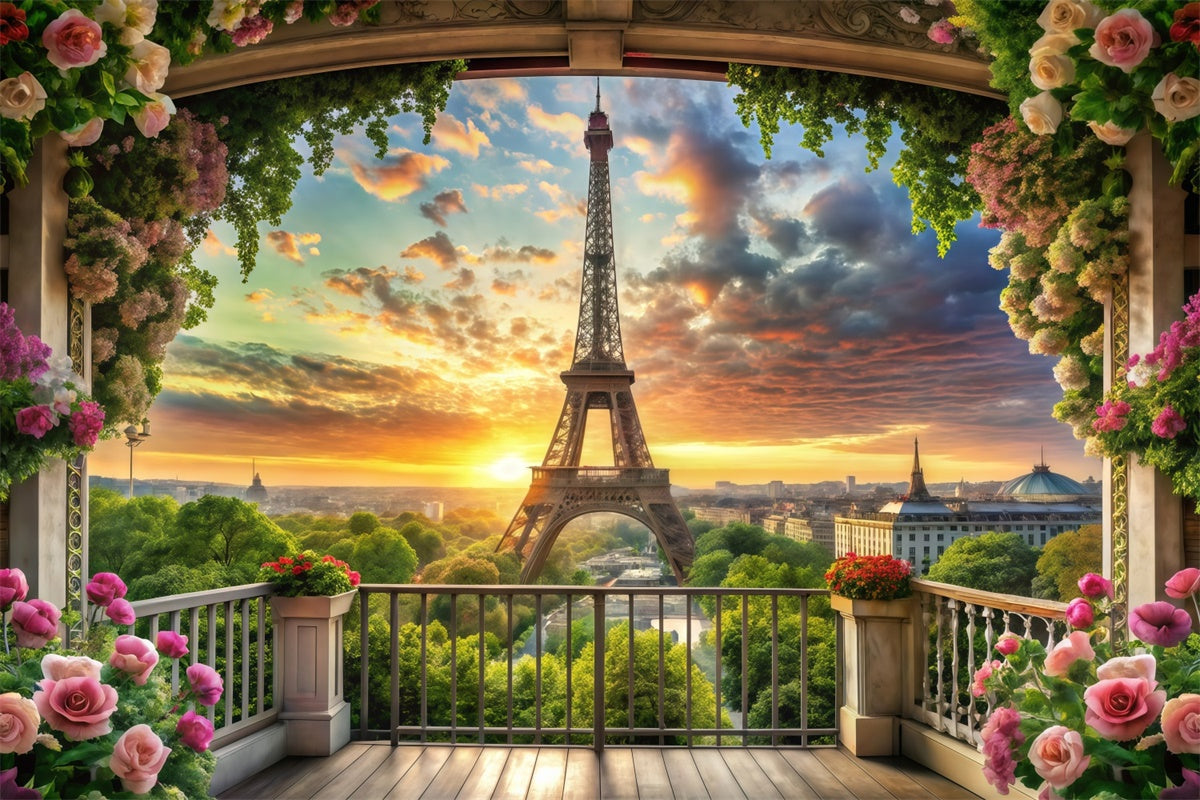Eiffel Tower Paris Backdrop Floral Balcony Sunset View Backdrop GQ4-60