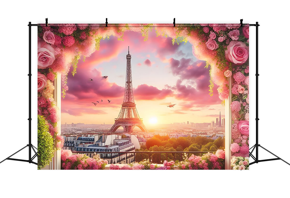 Paris Eiffel Tower Backdrop Pink Sky Flower Frame Backdrop GQ4-61