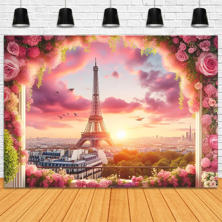 Paris Eiffel Tower Backdrop Pink Sky Flower Frame Backdrop GQ4-61