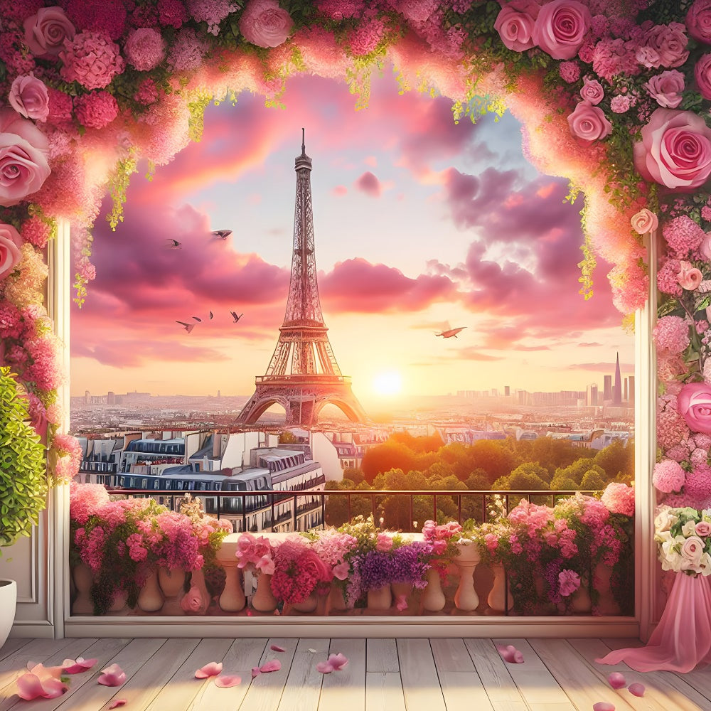 Paris Eiffel Tower Backdrop Pink Sky Flower Frame Backdrop GQ4-61