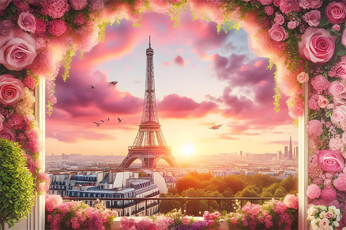 Paris Eiffel Tower Backdrop Pink Sky Flower Frame Backdrop GQ4-61