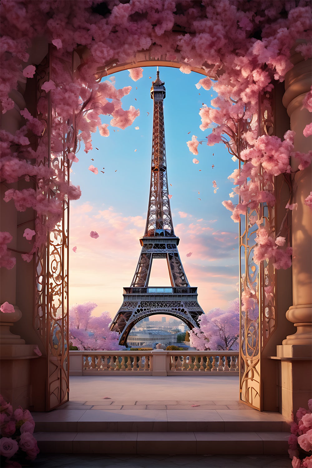 Paris Backdrop Photography Blossoming Balcony Arch View Backdrop GQ4-63