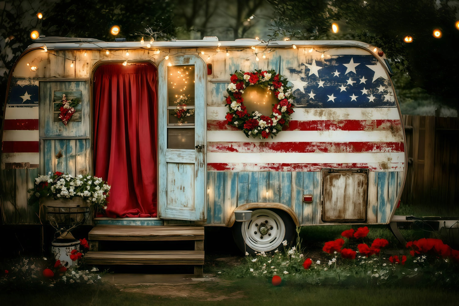 Independence Day Backdrop Wreath Camper Lights Backdrop GQ5-1