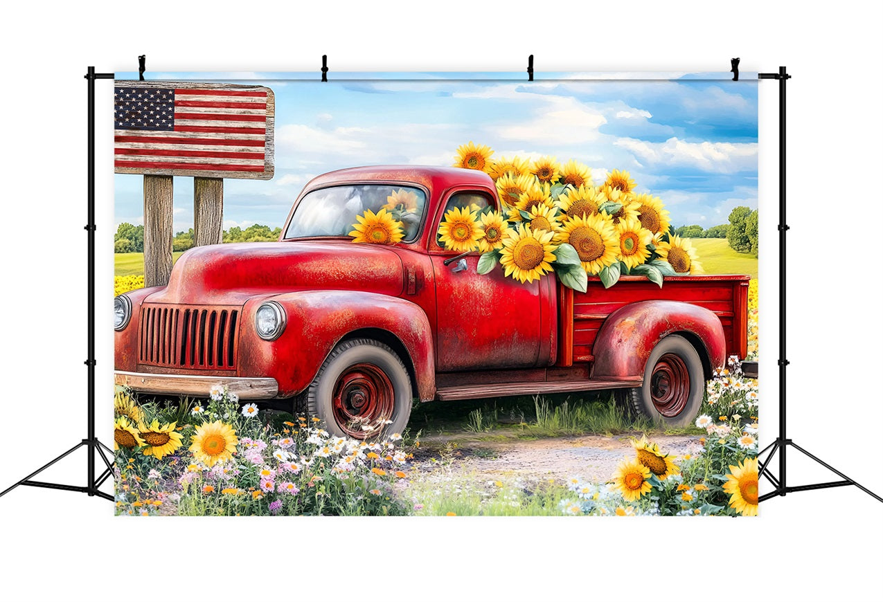 Independence Day Backdrop Vintage Truck Sunflowers Backdrop GQ5-10