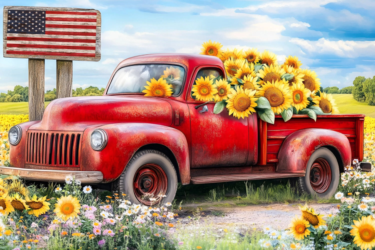 Independence Day Backdrop Vintage Truck Sunflowers Backdrop GQ5-10