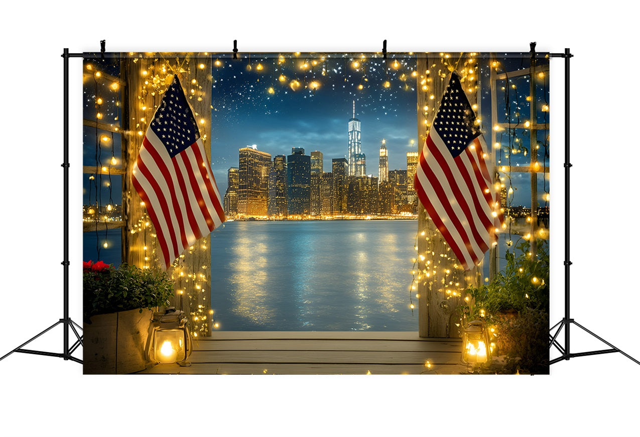 American Flag Backdrop Night Cityscape Window Backdrop GQ5-11