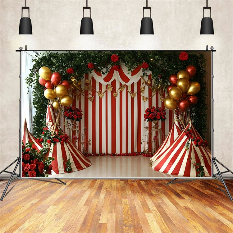 Circus Theme Backdrop Balloon Roses Striped Tent Backdrop GQ5-130