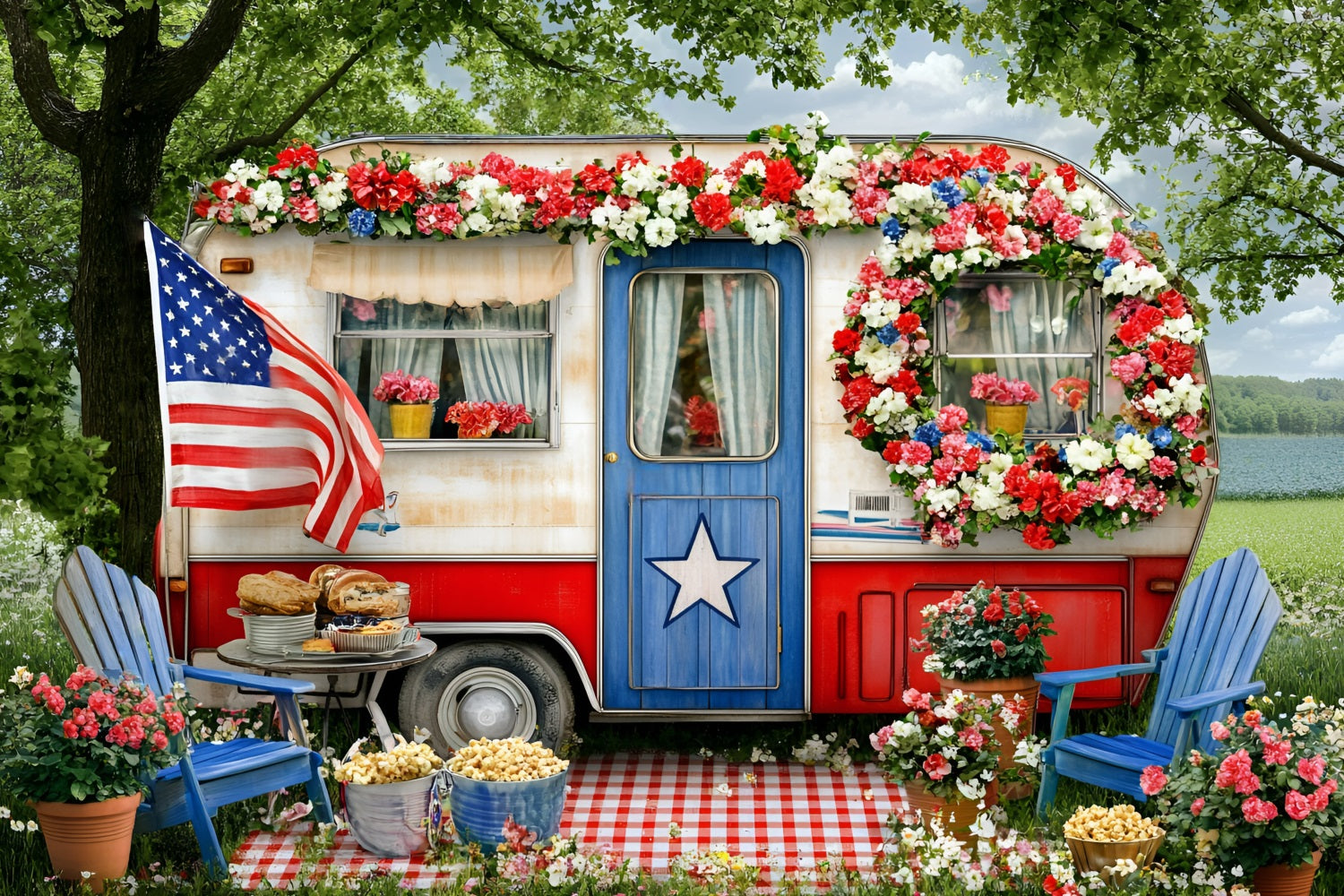 Independence Day Backdrop Patriotic Garland Camper Picnic Backdrop GQ5-14