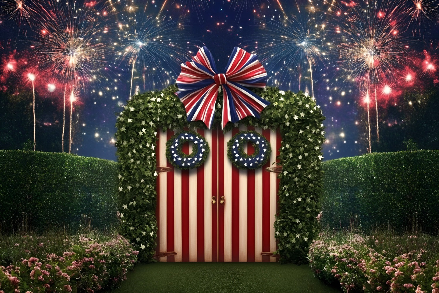 Independence Day Backdrops Garden Gate Fireworks Backdrop GQ5-16