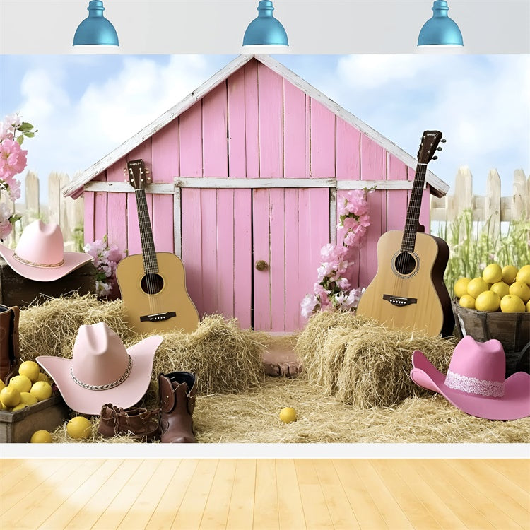 Cowgirl Backdrop Ideas Pink Barn Guitar Western Kids Backdrop GQ5-180