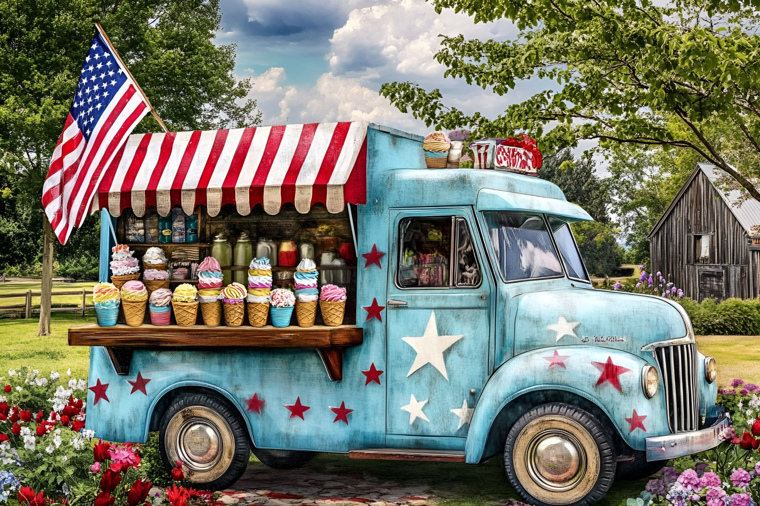 American Flag Backdrop Photography Ice Cream Truck Backdrop GQ5-19