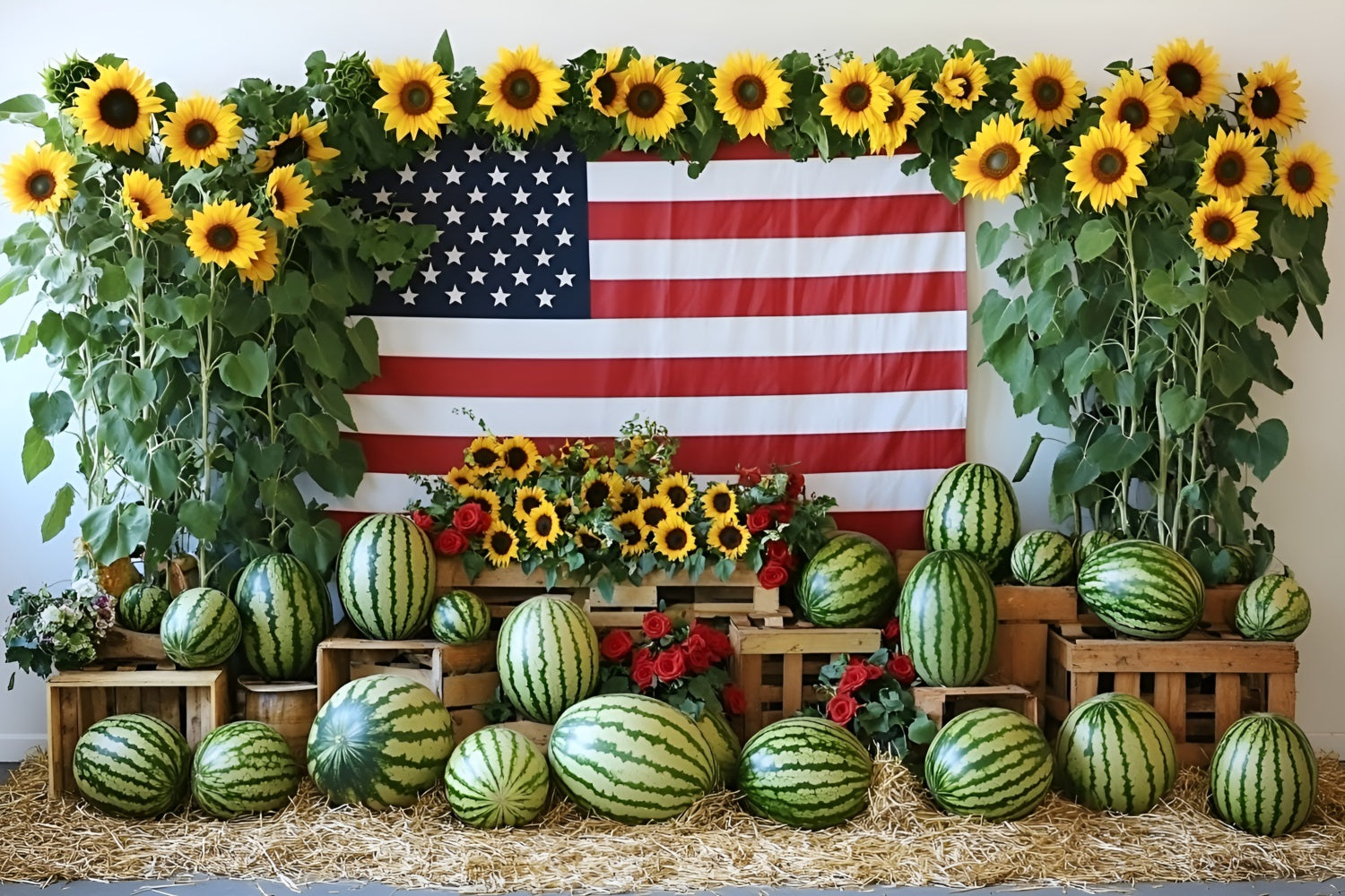 American Flag Backdrop Watermelon Sunflower Independence Backdrop GQ5-20