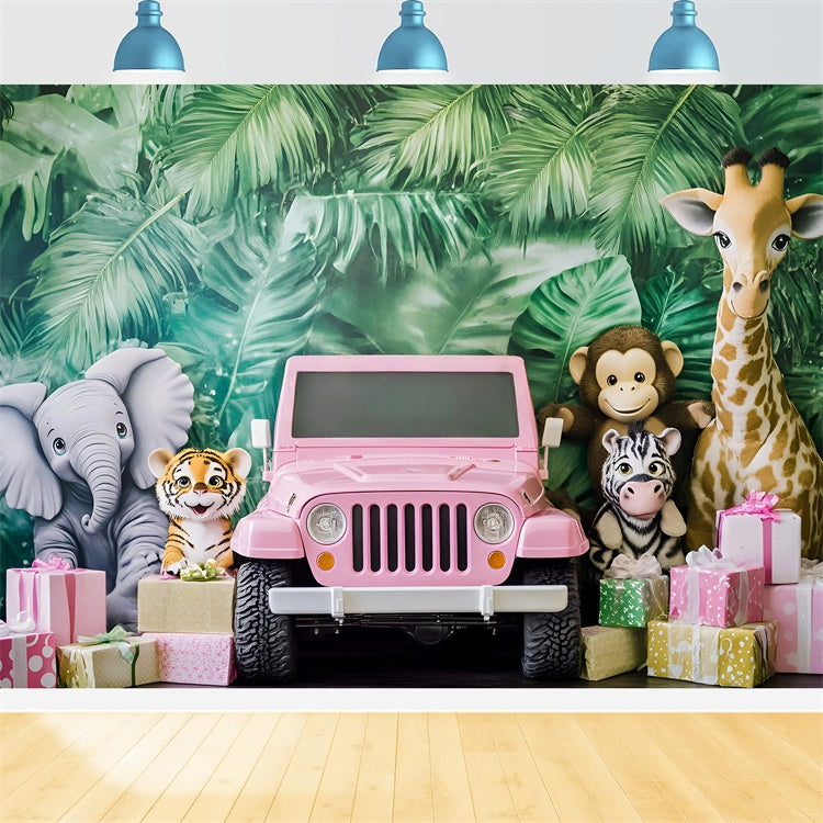 Children Backdrops Jungle Safari Pink Jeep Backdrop GQ5-206