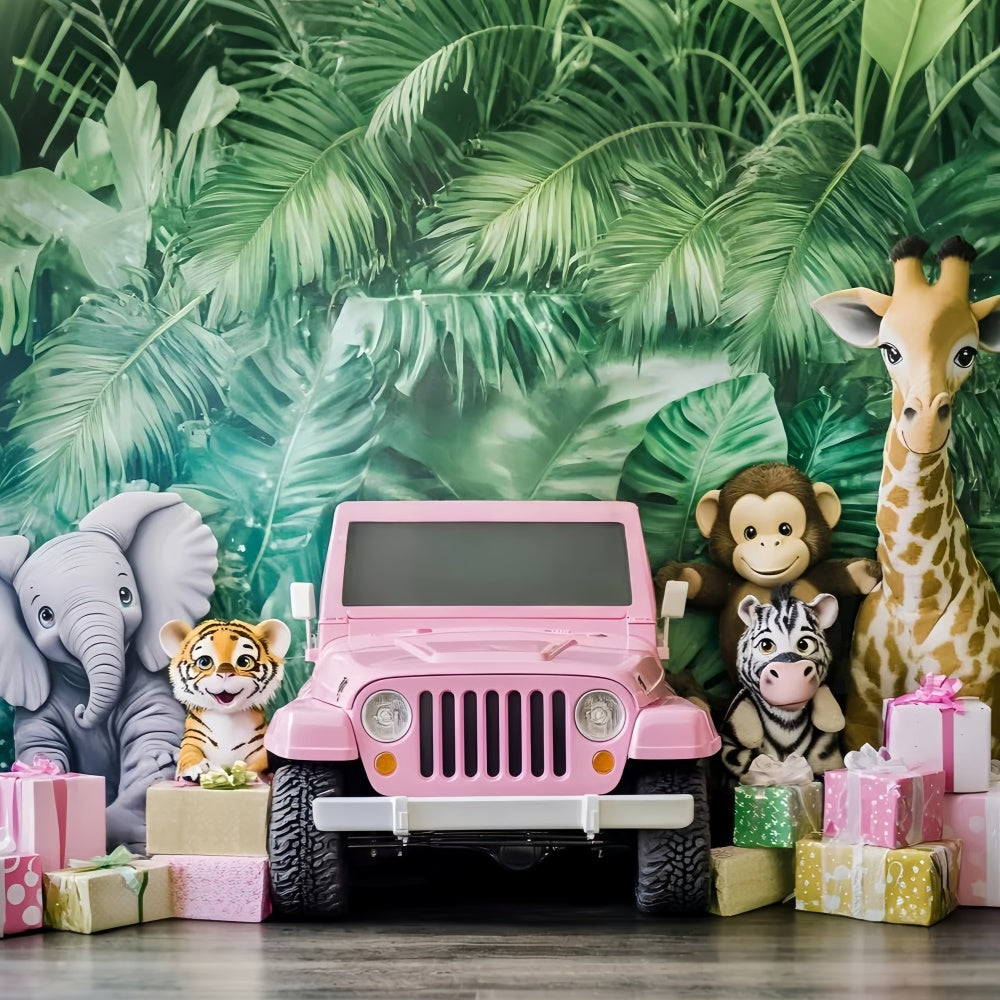 Children Backdrops Jungle Safari Pink Jeep Backdrop GQ5-206
