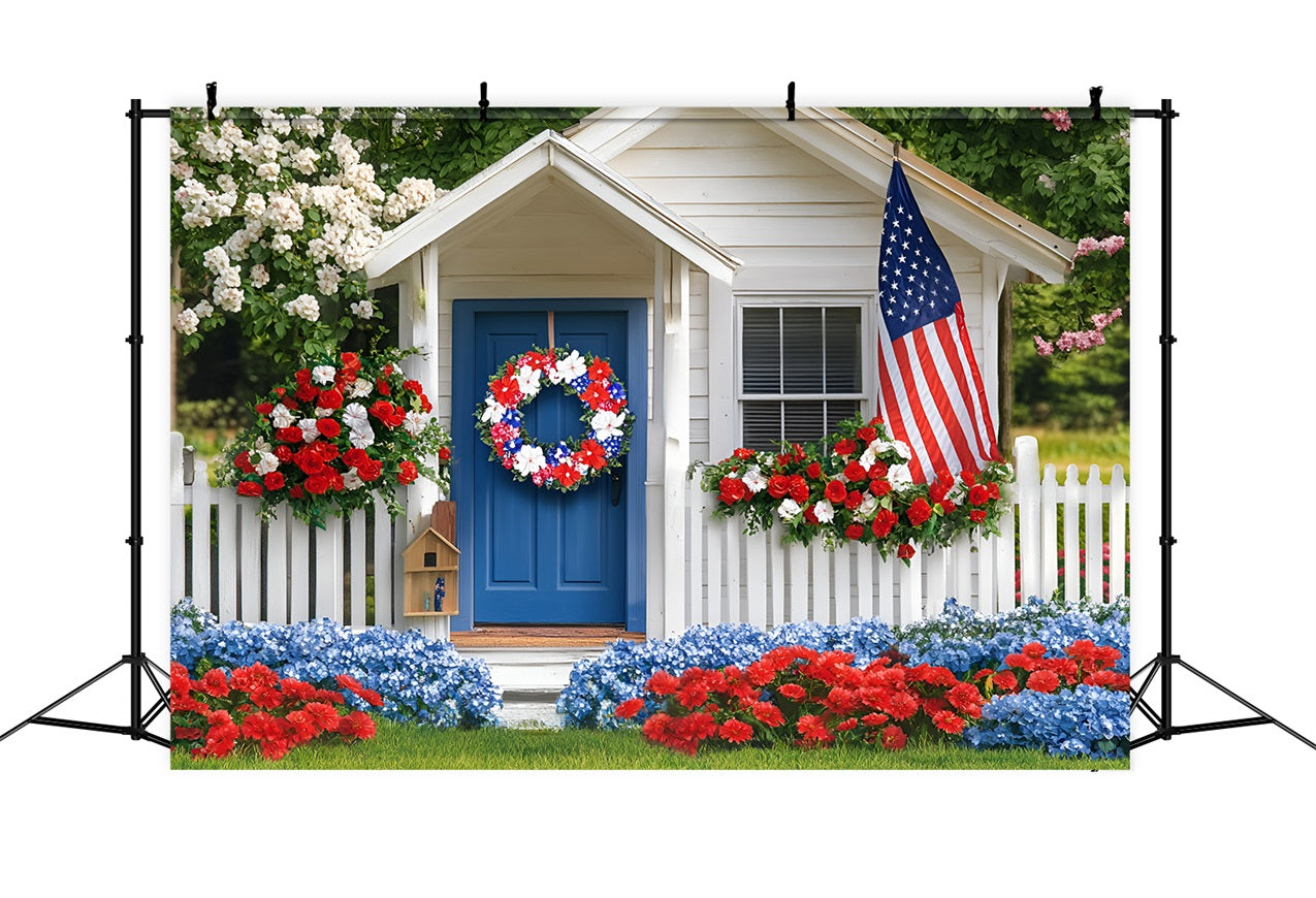 4th of July Photo Backdrop Patriotic Cottage Flowers Backdrop GQ5-4