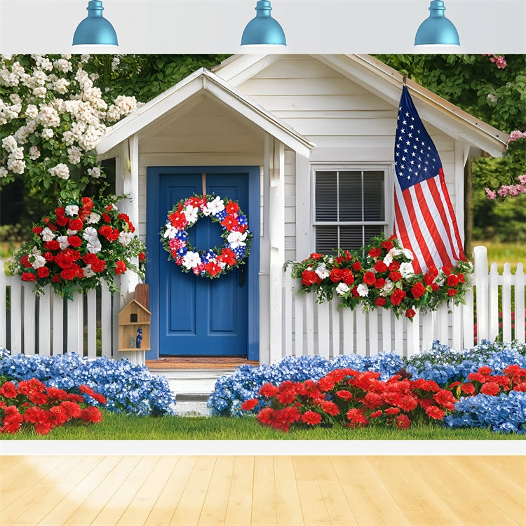 4th of July Photo Backdrop Patriotic Cottage Flowers Backdrop GQ5-4