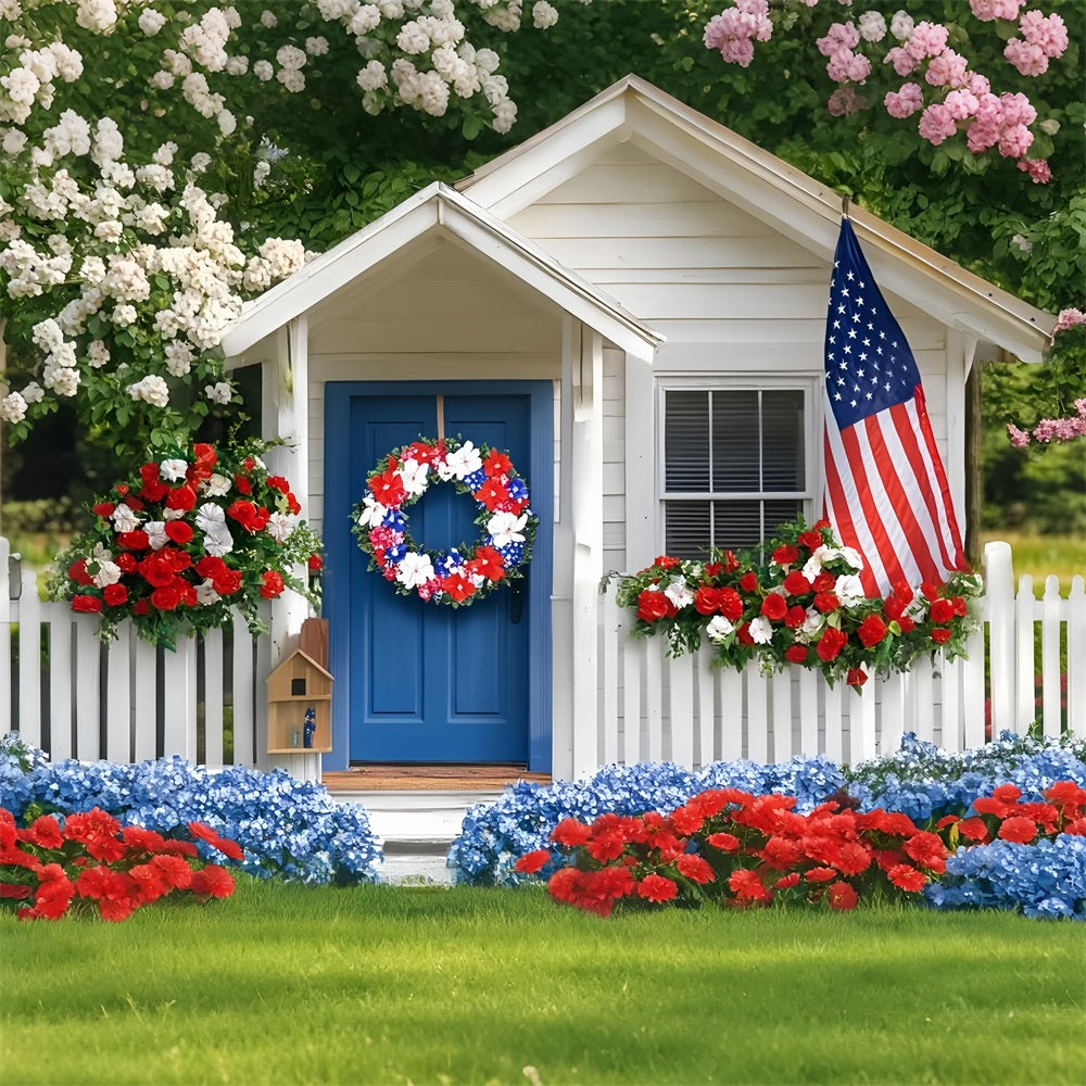 4th of July Photo Backdrop Patriotic Cottage Flowers Backdrop GQ5-4